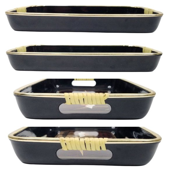 Vintage Serving Trays Wrapped Handles Iris Barware Lacquer Black Gold Japan - Picture 7 of 12